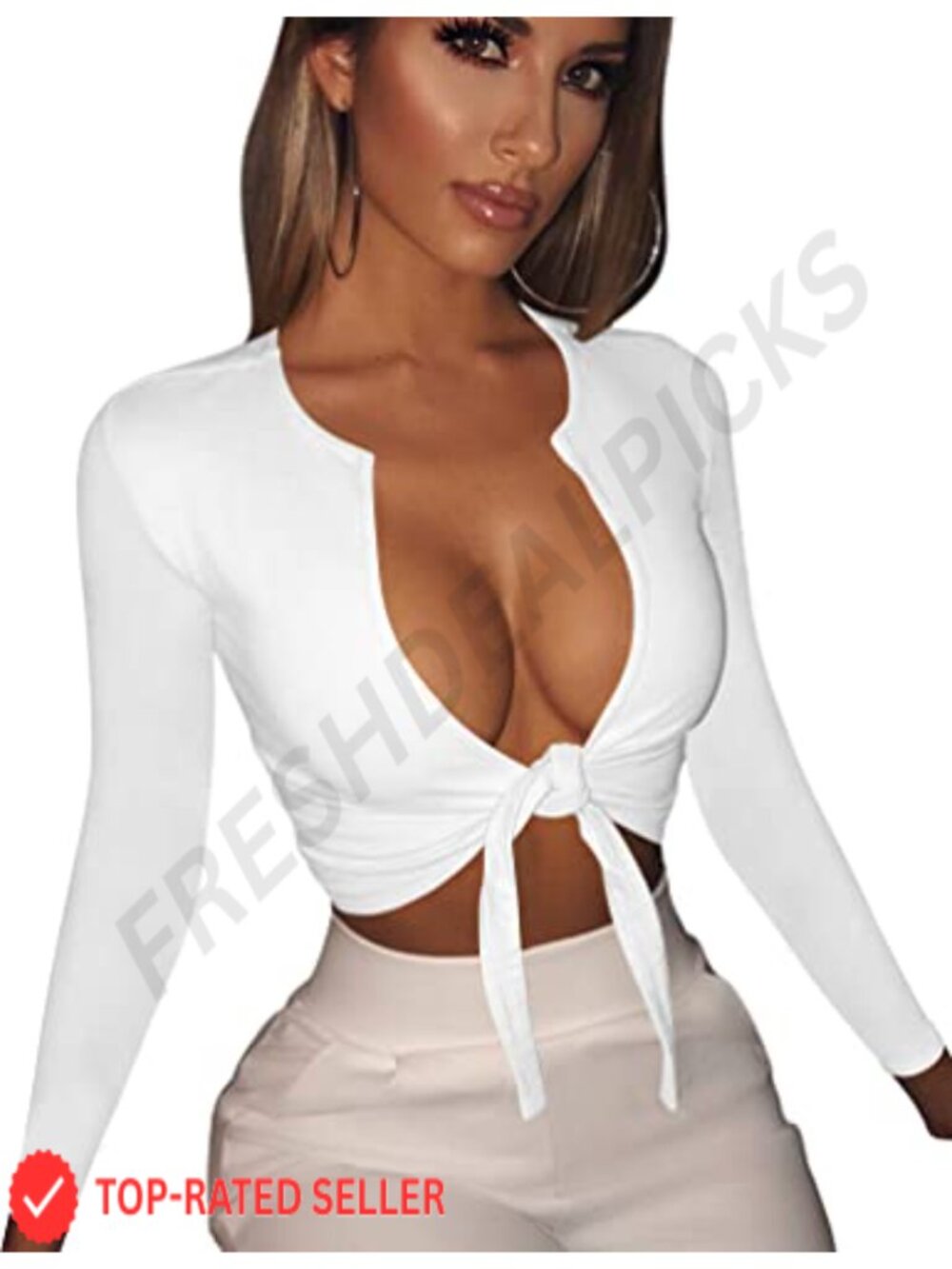 Women's Sexy Deep V Neck Tie Front Crop Top Long Sleeve Slim Fit
